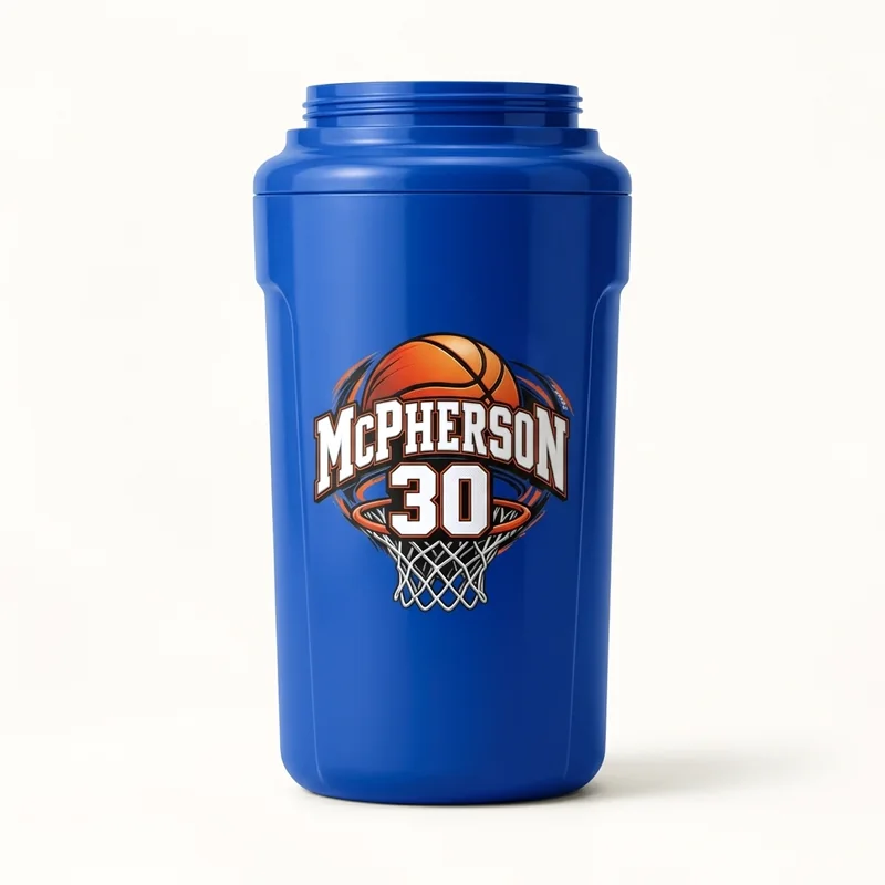 Blue tumbler with a McPherson number 30 basketball decal