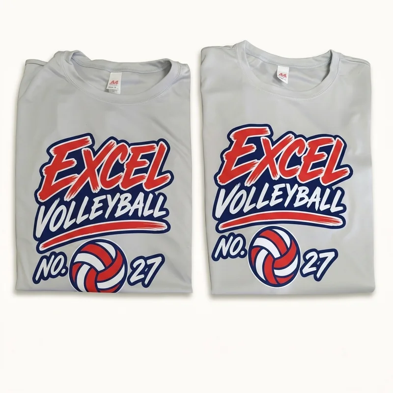 Two folded light gray Excel Volleyball tees, number 27