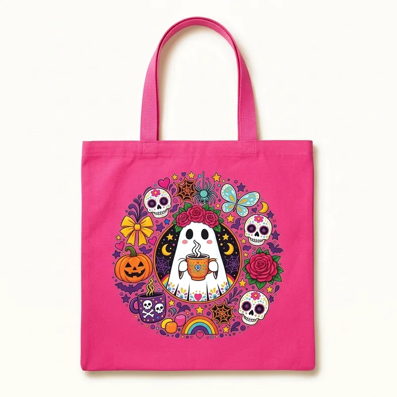 Bright pink tote bag with a round Halloween print of a ghost, sugar skulls and flowers