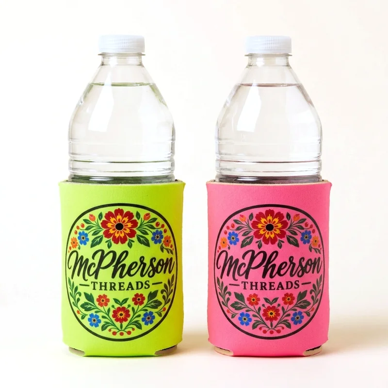 Lime green and pink koozies with the McPherson Threads floral logo